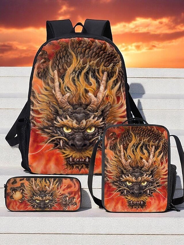 bzmibo1748595737112 Men's 3-Piece Dragon Backpack Set with Flame Print - - Image 1