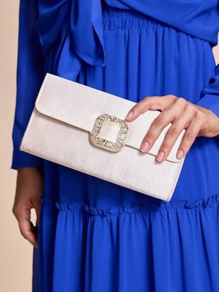 Women's White Satin Clutch with Rhinestone Buckle - Elegant