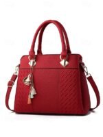Women's Faux Leather Handbag with Tassel Charm and Textured